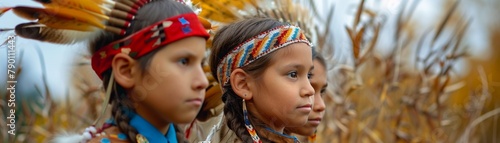 Children in Native American attire autumn field