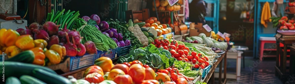 Market stall with fresh vegetables bright colors