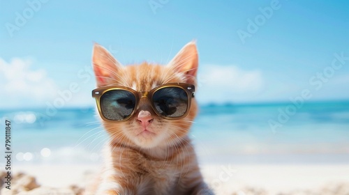 Kitten with shades beach lounging