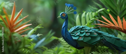Origami peacock in jungle lush green foliage © Creative_Bringer