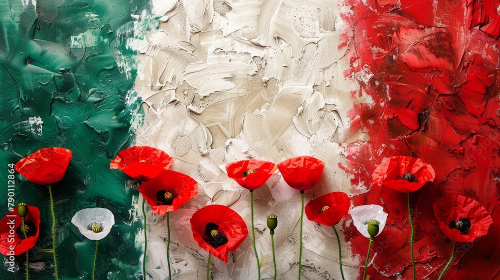 Obraz premium Red poppy flowers on background with Italy flag. Liberation day holiday. Festa della liberazione