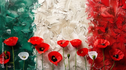 Red poppy flowers on background with Italy flag. Liberation day holiday. Festa della liberazione © Artlana
