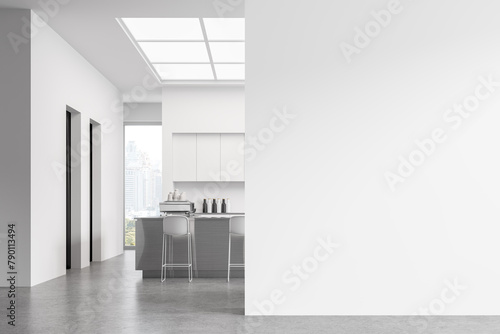 White coffee shop interior with bar island and cabinet and window. Mockup wall