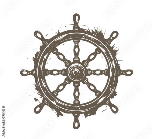 Illustration of retro ship steering wheel, Hand drawn style	
