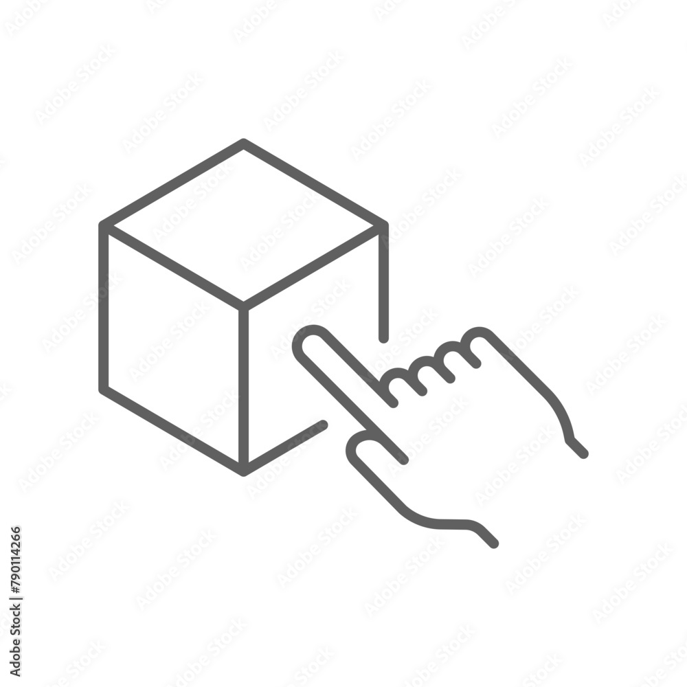 Hand pointing cube icon. Simple outline style. Augmented reality, 3d, innovation, virtual technology, digital, AR technology concept. Thin line symbol. Vector illustration isolated. Editable stroke. Hand pointing cube icon. Simple outline style. Augmented reality, 3d, innovation, virtual technology, digital, AR technology concept. Thin line symbol. Vector illustration isolated. Editable stroke.