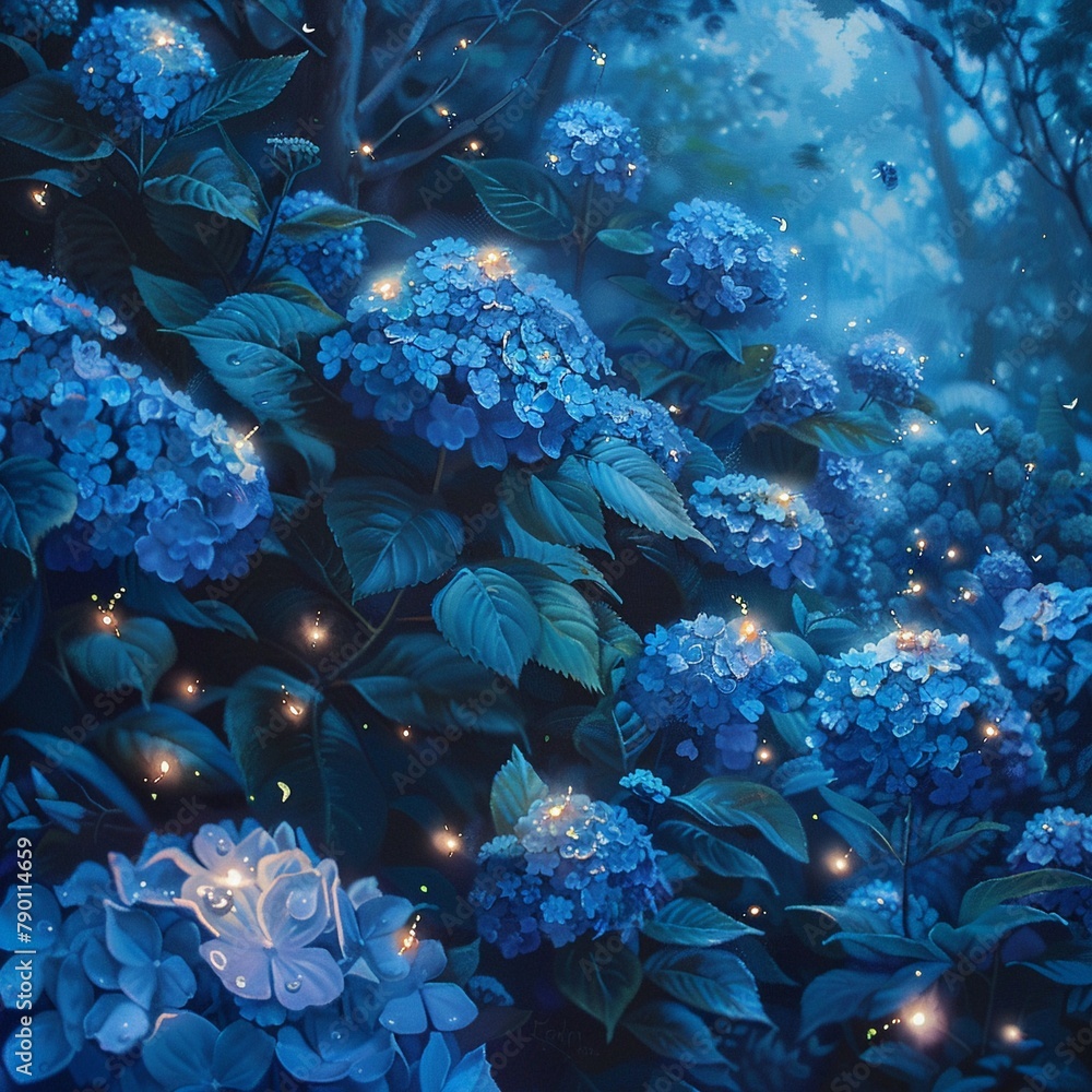Nighttime in a magical garden with glowing fireflies around hydrangea bushes, creating an enchanting atmosphere with shades of blue and soft light Nighttime in a magical garden with glowing fireflies around hydrangea bushes, creating an enchanting atmosphere with shades of blue and soft light