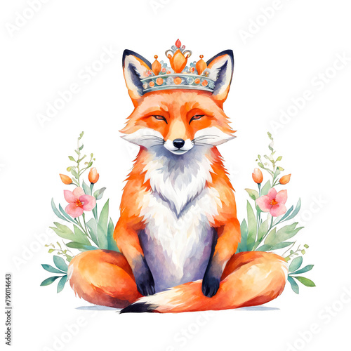 Fox wearing a crow and mediating while sitting in lotus position in wildflowers meadow watercolor illustration clipart, nature, wild animal human anthropic photo
