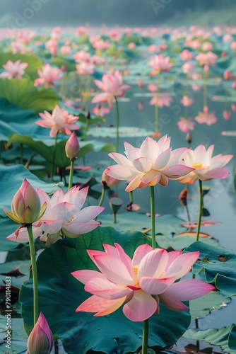 A panoramic view of a field of blooming lotus flowers in a tranquil pond  with reflections of pink and white blossoms on the waters surface