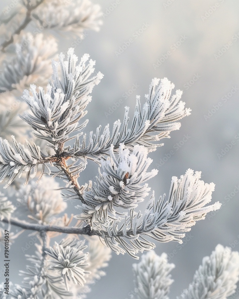 Frostcovered pine branches against a soft morning light, capturing the serene beauty of winter and the intricate details of ice crystals on the needles
