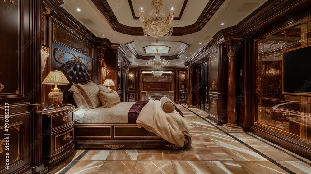 A luxurious master suite with a king-sized bed and his-and-hers walk-in closets