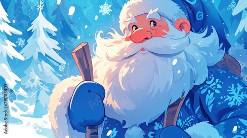 Illustration in a cartoon style featuring Father Frost the mythological character of Russian Christmas and New Year donning his iconic blue coat photo