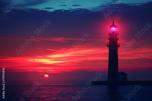 Lighthouse With Red Light. Generative AI