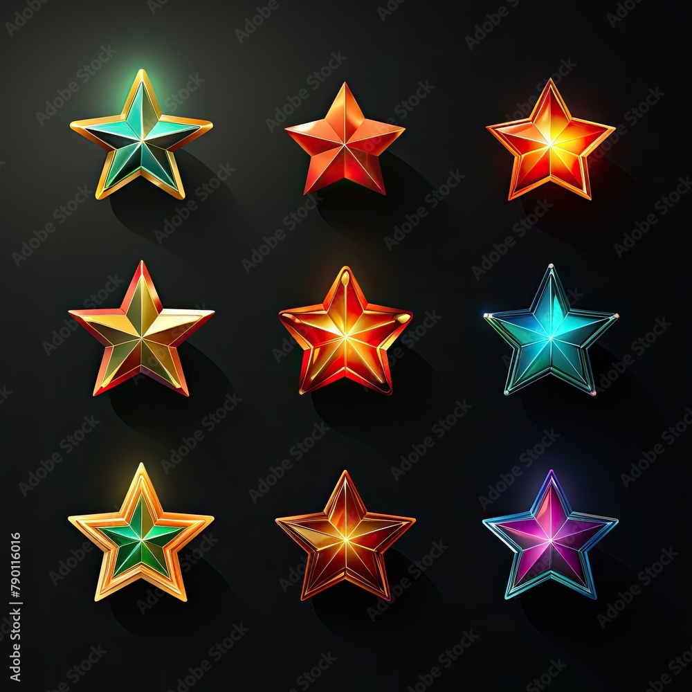 Fototapeta premium Stars icons. Collection of stylized multi-colored star icons, labels, badges, illustrations. Shiny stars pattern. Jewelry, set of shiny stars art. Christmas stars print. New Year pattern background.