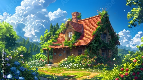 idyllic scene of a wooden dwelling in Japanese countryside, abundant vegetation under a sunny blue backdrop