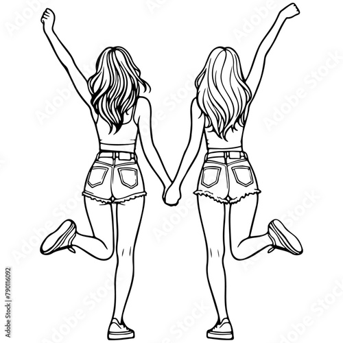 Girl Friends Jumping Sketch Drawing.