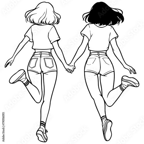 Girl Friends Jumping Sketch Drawing.
