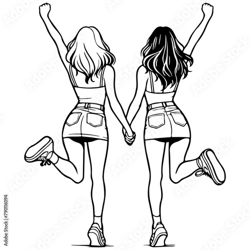 Girl Friends Jumping Sketch Drawing.