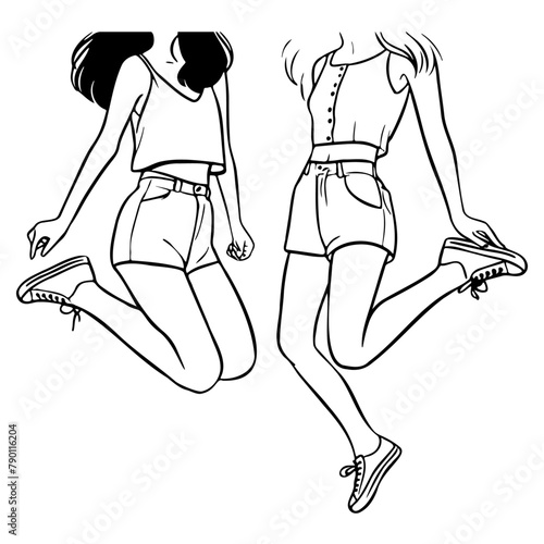 Girl Friends Jumping Sketch Drawing.