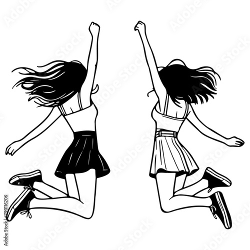 Girl Friends Jumping Sketch Drawing.
