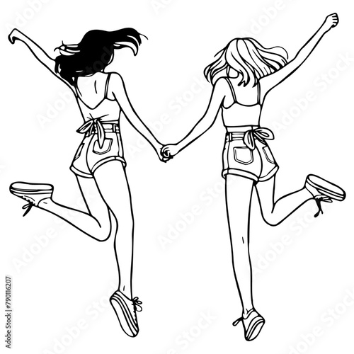Girl Friends Jumping Sketch Drawing.