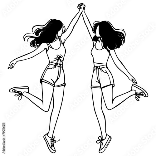 Girl Friends Jumping Sketch Drawing.