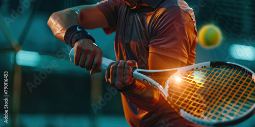 Tennis Elbow Trouble: The Elbow Pain and Weak Grip - Visualize a person attempting to grip a tennis racket but wincing in pain, with their elbow highlighted to show the pain and weakness of tennis elb photo