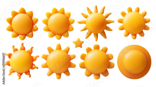 Set of sun 3D icons. Cartoon yellow and orange cute suns designs for kids on a transparent background
