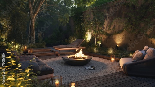 A tranquil outdoor patio with a fire pit and comfortable lounge furniture