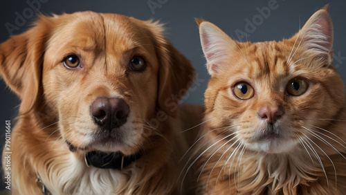 banner with a cat and a dog looking up  isolated on white background.