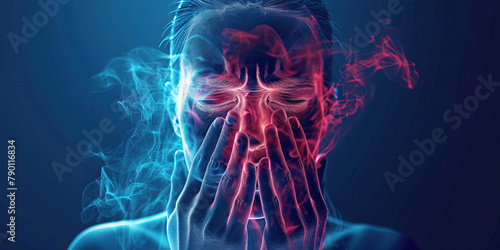 Chronic Sinusitis: The Facial Pain and Nasal Congestion - Imagine a person holding their face with a pained expression, with highlighted sinus areas and congestion lines around the nose