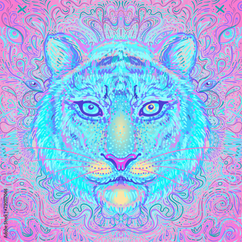 Patterned ornate tiger head. African, Indian, totem, tattoo, sticker design. ...