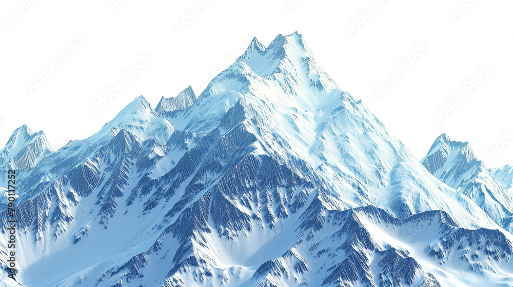 A majestic winter mountain landscape with snow-capped peaks towering against a clear blue sky isolated on a transparent background showcasing the rugged beauty of nature in its purest form.