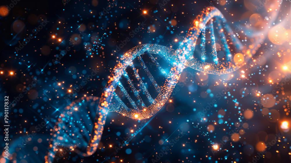 3d illustration of glowing dna helix in blue with particles 3d illustration of glowing dna helix in blue with particles
