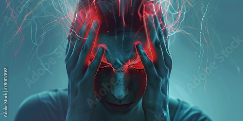 Cluster Headache: The Excruciating Pain and Eye Redness - Visualize a person holding their head, with redness around one eye and pain lines radiating from the head, illustrating the excruciating pain 