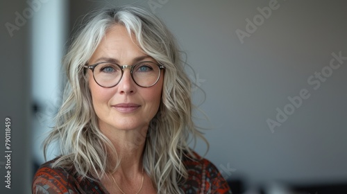 Average, woman in her early 50's, wearing stylish modern rimmed glasses