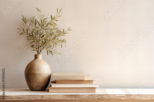 neutral mediterranean home design textured vase with olive tree branches cup of coffee books on wooden table living room still life empty wall copy space modern interior no people lateral view photo