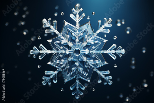 A 3D-rendered, hyper-realistic ice snow snowflake crystal isolated on a solid background, a symbol of cold winter snow