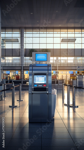 An airport check-in counter in the early morning, portrayed in 3D with hyper-realistic precision, the quiet before the daily storm of activity,
