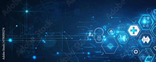 Wide banner of digital healthcare symbols and technology on a blue abstract background