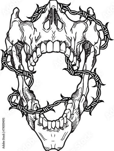Open Skull Mouth wrapped in barbed wire
