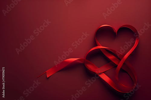 A symbolic red ribbon forming a heart shape, isolated on a supportive burgundy background, to mark World Blood Donor Day