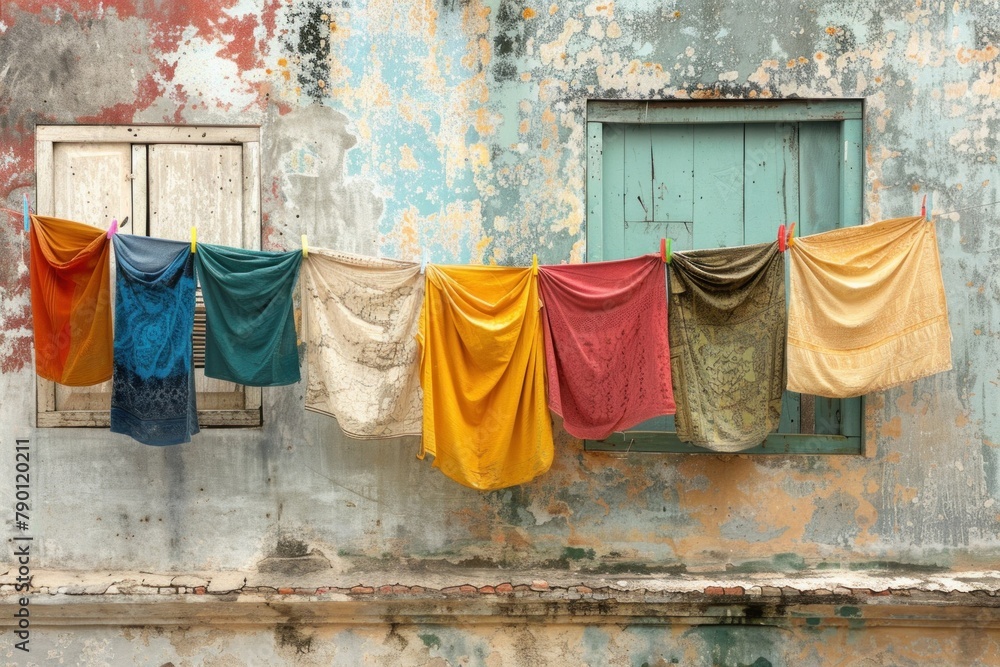 A colorful array of laundry hanging against the textured backdrop of the aged wall, dancing in the breeze. - obrazy, fototapety, plakaty 