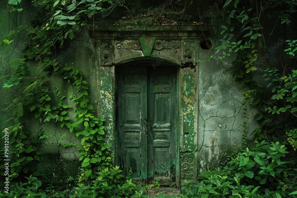 A dilapidated door enveloped by lush foliage, hinting at the hidden beauty within the abandoned building. - obrazy, fototapety, plakaty 