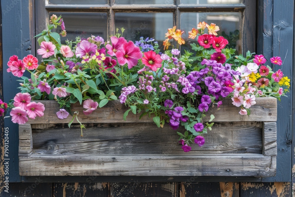Fototapeta premium A rustic window box overflowing with vibrant blooms, bringing a touch of nature to the urban landscape.