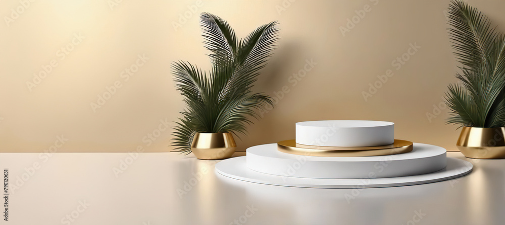 Minimal abstract cosmetic background for product presentation. Cosmetic bottle podium and green palm leaf on grey color background. 3d render illustration.ai generated Minimal abstract cosmetic background for product presentation. Cosmetic bottle podium and green palm leaf on grey color background. 3d render illustration.ai generated