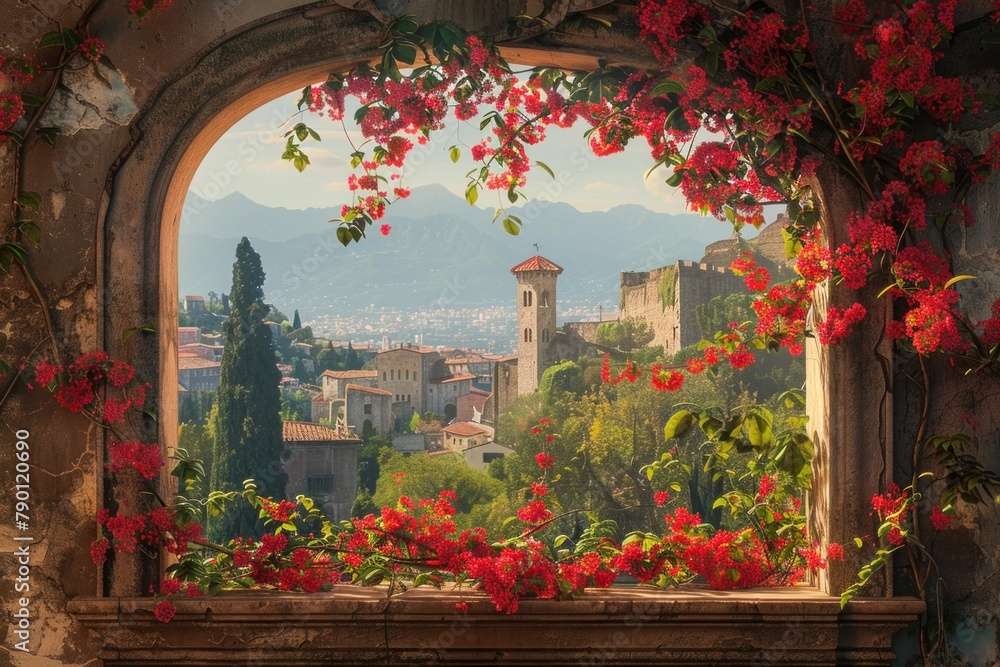 A weathered window frame adorned with blooming flowers, framing a picturesque view of the ancient city beyond.