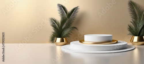 Minimal abstract cosmetic background for product presentation. Cosmetic bottle podium and green palm leaf on grey color background. 3d render illustration.ai generated