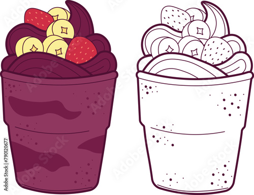 Acai in cup wit banana and strawberry. Vector illustration with colors and white line art.