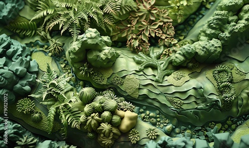 Craft a clay sculpture depicting an aerial perspective of a lush forest where biodegradable technology is seamlessly incorporated Highlight the harmony between nature and innovative eco-solutions, ens photo