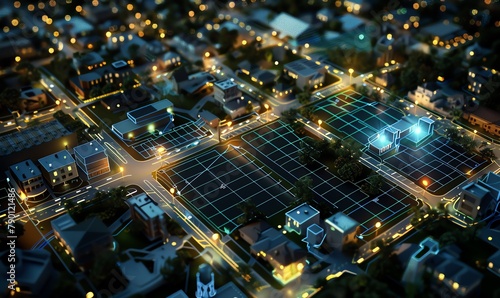 Craft a detailed digital photorealistic rendering of an aerial view showcasing a high-tech smart grid system Emphasize the connectivity and efficiency of the grid with realistic lighting effects and t